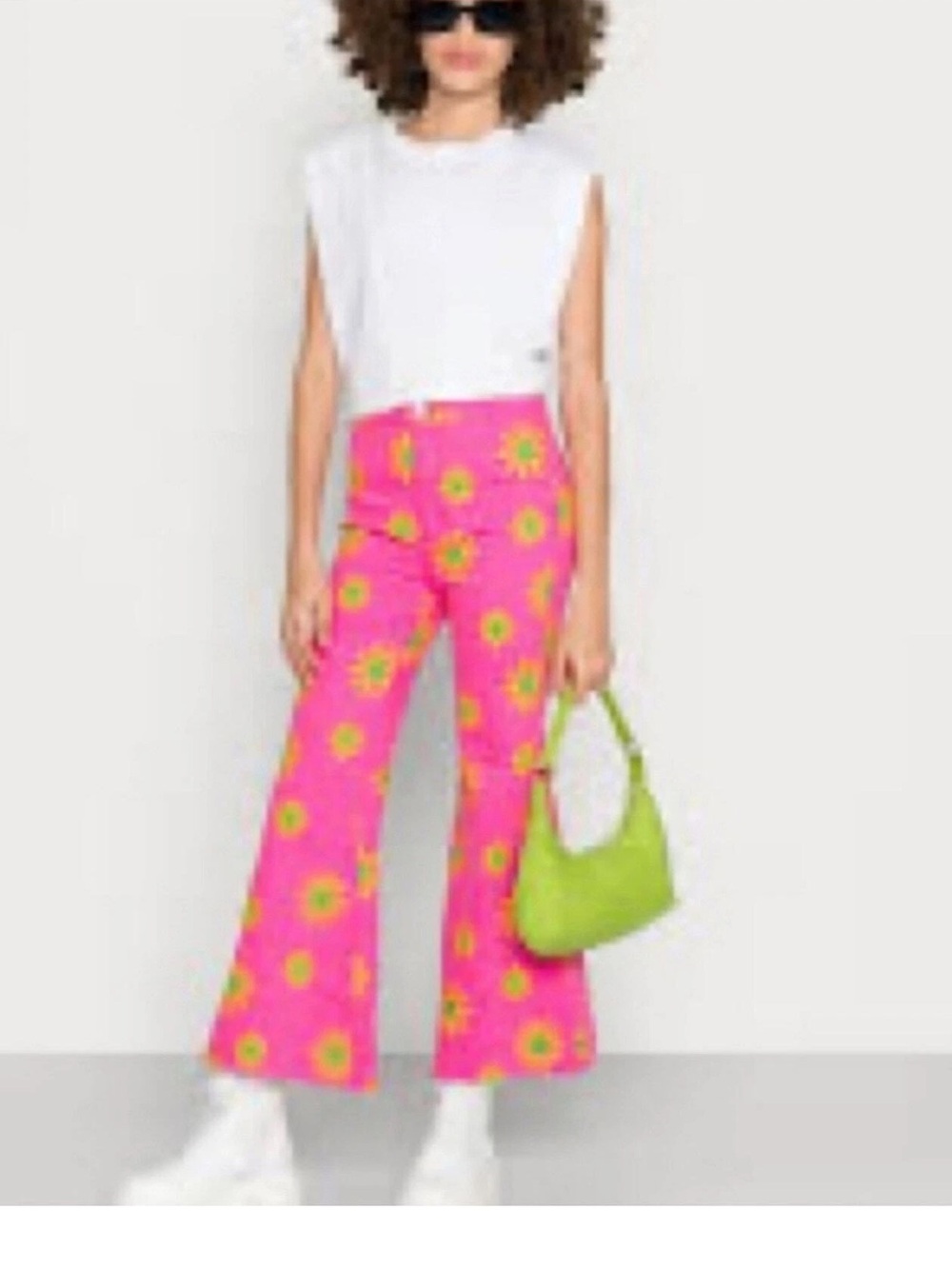 Free People Youthquake Printed Crop Flare Jeans bright pink "lipstick combo" 28